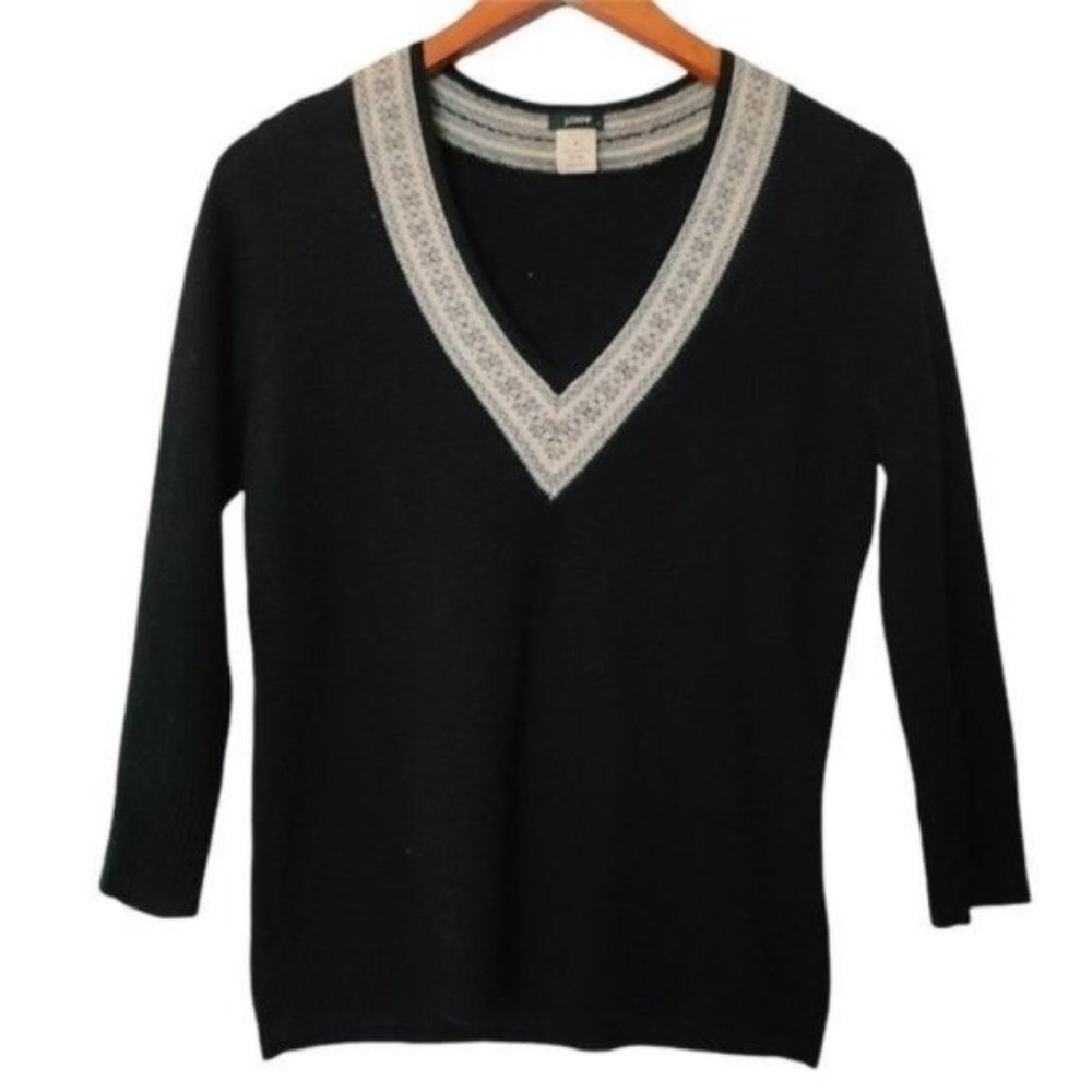J. Crew 100% Lambs Wool Black Rair Isle Trim V-Nec